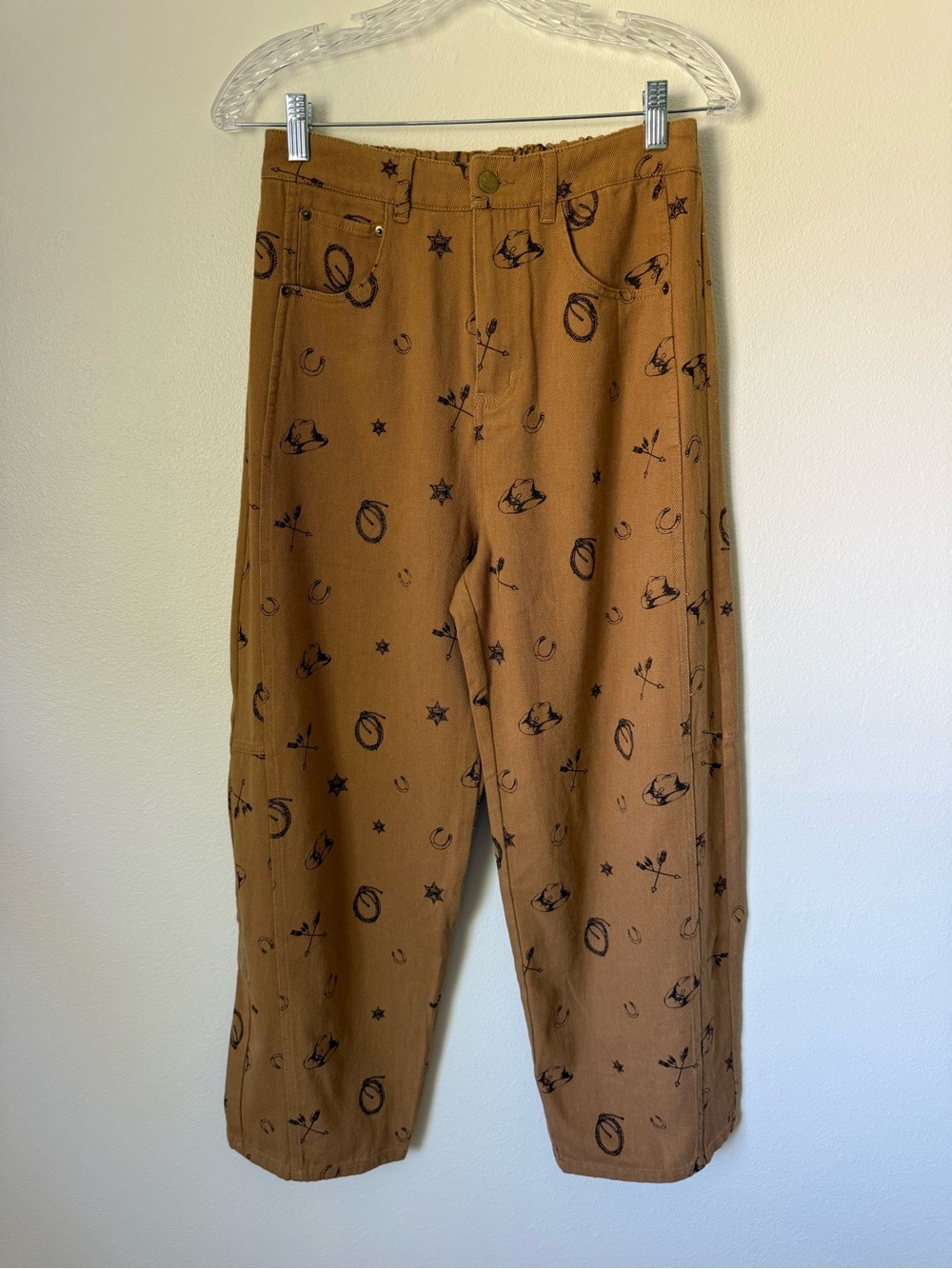 NWT Women’s Oddi Carmel Brown Western Print Cotton Cropped Barrel Pants Size S - Picture 2 of 5
